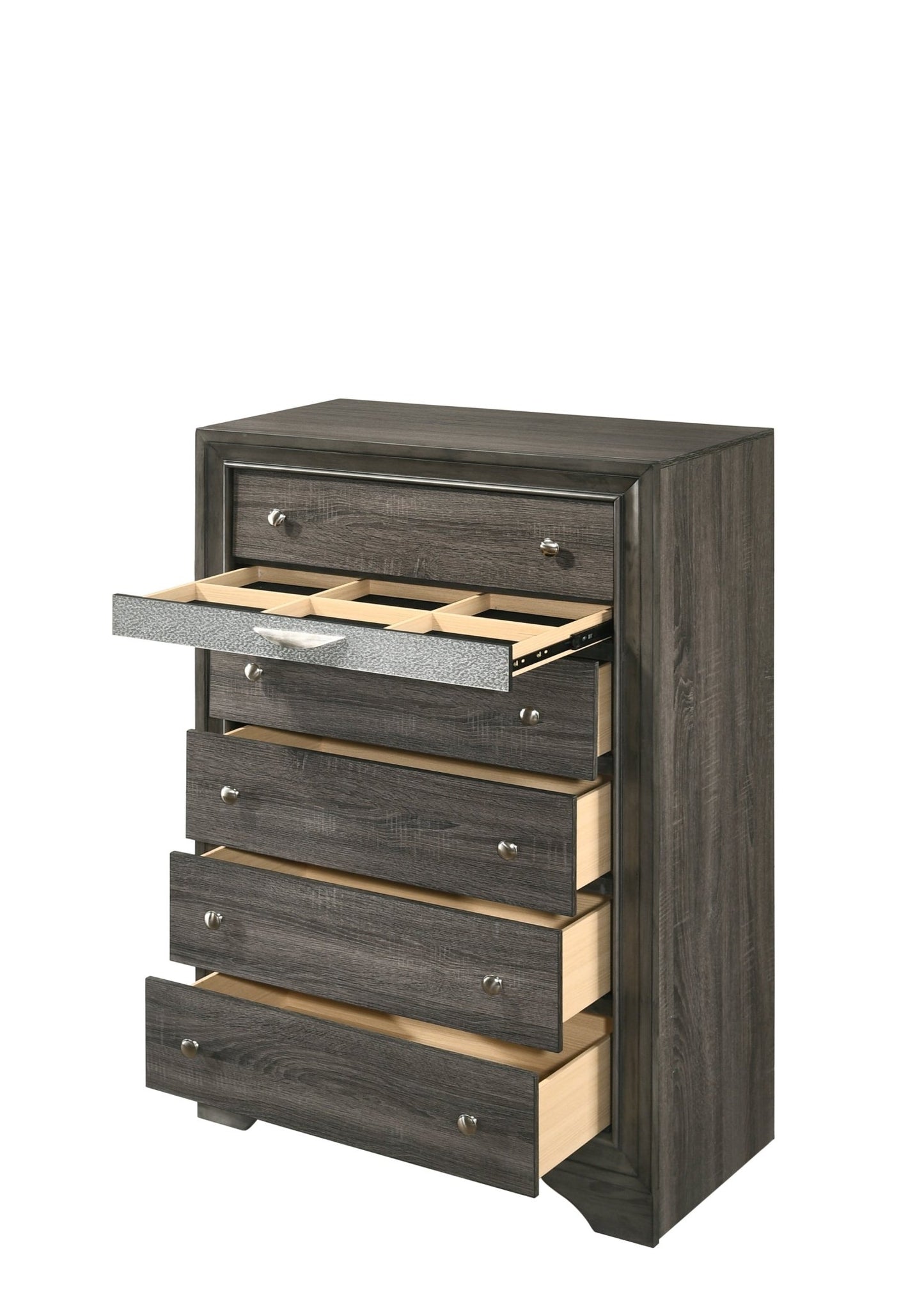 Gray 5 Drawer Chest with Jewelry Organizer & Silver Hardware - 1st Choice Furniture Direct