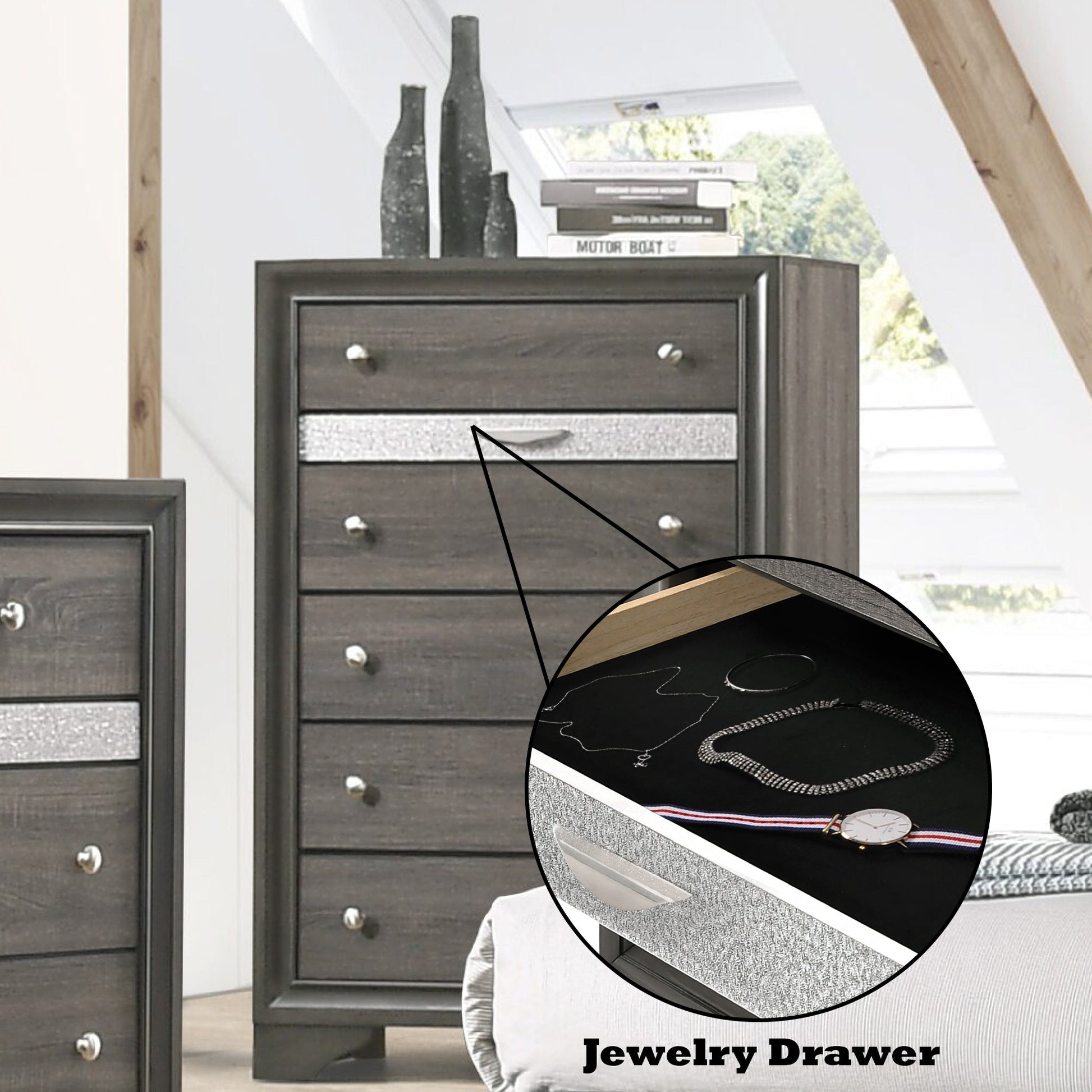 Gray 5 Drawer Chest with Jewelry Organizer & Silver Hardware - 1st Choice Furniture Direct