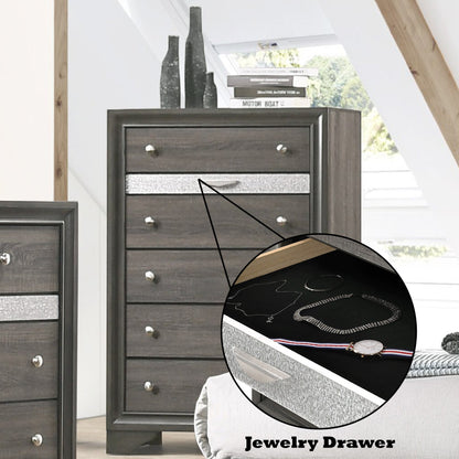 Gray 5 Drawer Chest with Jewelry Organizer & Silver Hardware - 1st Choice Furniture Direct