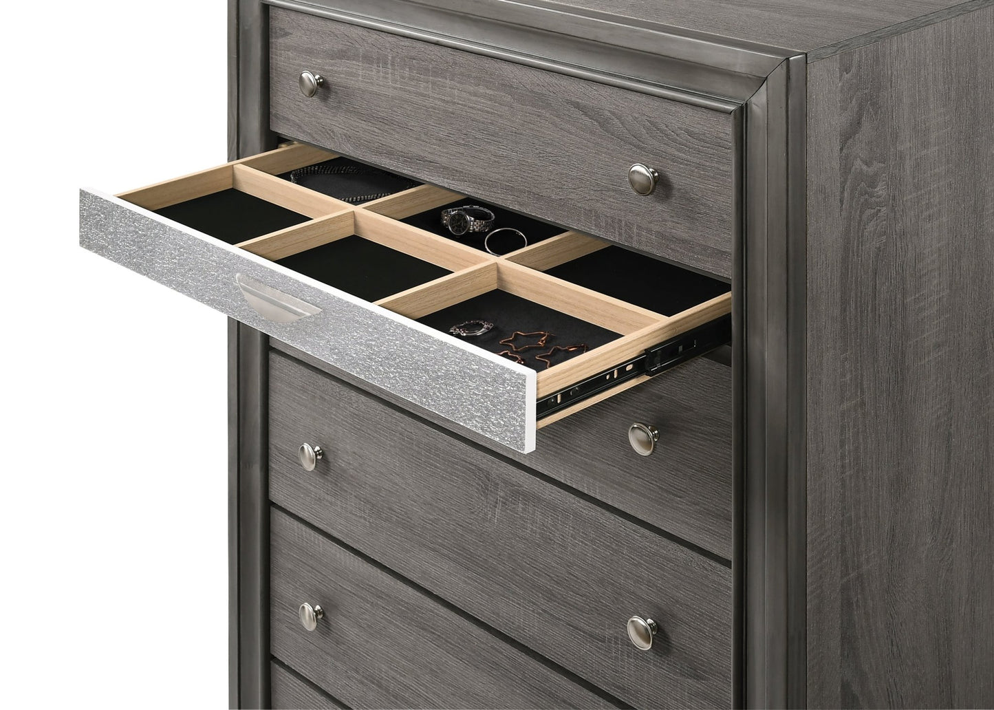 Gray 5 Drawer Chest with Jewelry Organizer & Silver Hardware - 1st Choice Furniture Direct