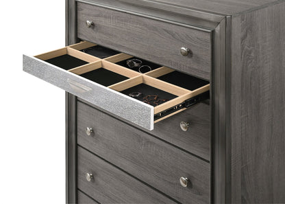 Gray 5 Drawer Chest with Jewelry Organizer & Silver Hardware - 1st Choice Furniture Direct