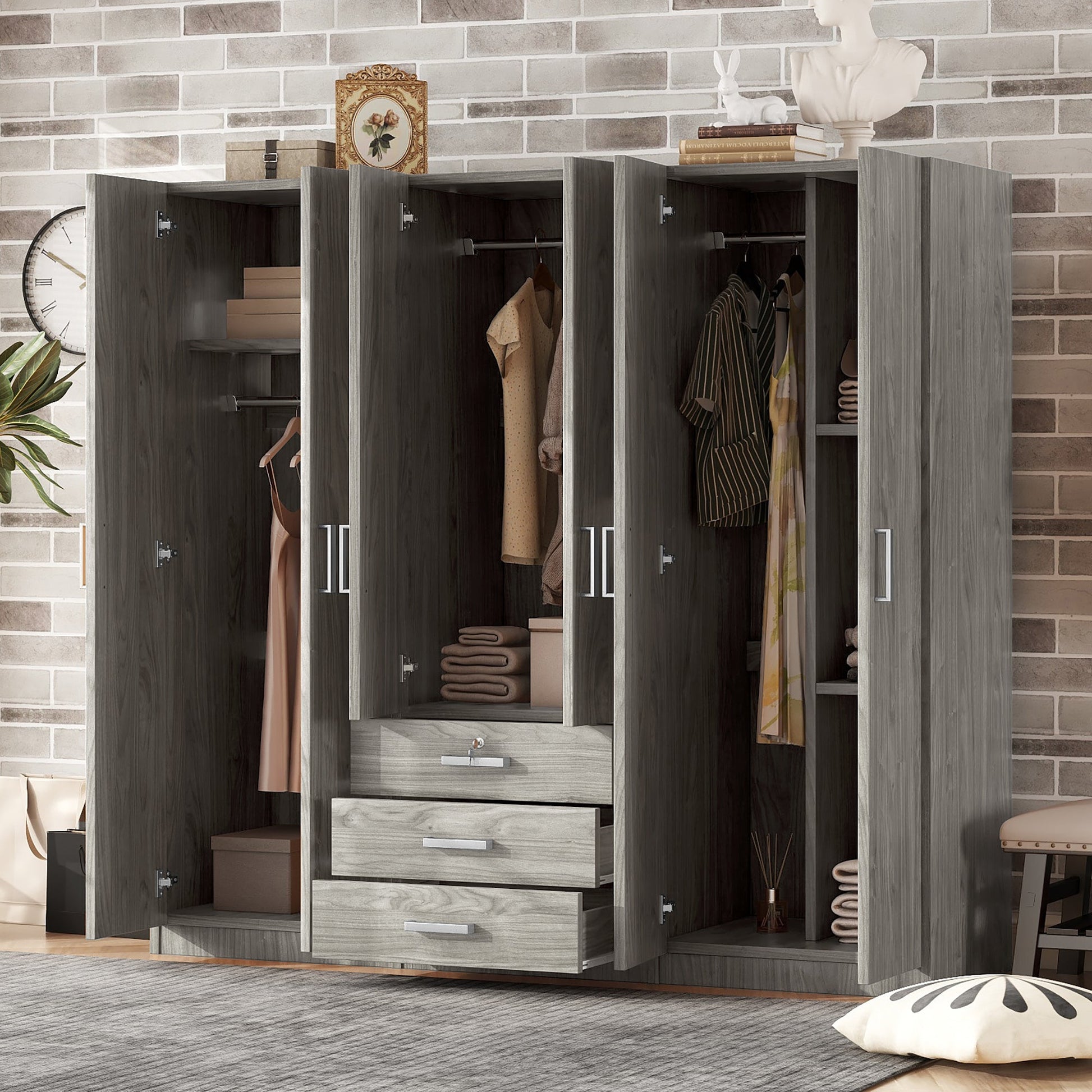 Gray 6 Door Wardrobe Armoire with Locking Drawer - 1st Choice Furniture Direct