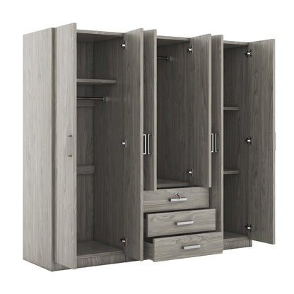 Gray 6 Door Wardrobe Armoire with Locking Drawer - 1st Choice Furniture Direct