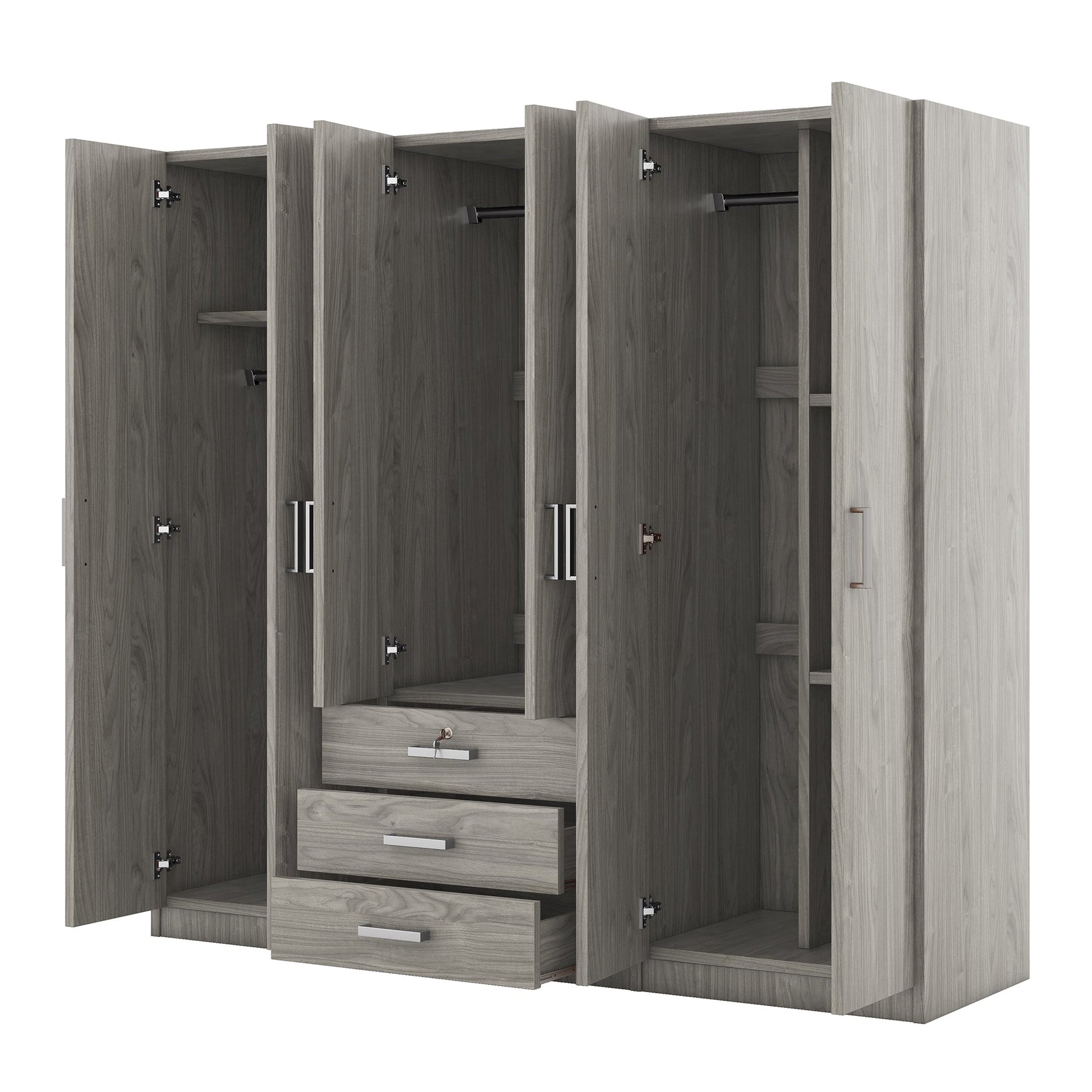 Gray 6 Door Wardrobe Armoire with Locking Drawer - 1st Choice Furniture Direct