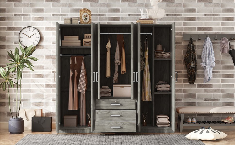 Gray 6 Door Wardrobe Armoire with Locking Drawer - 1st Choice Furniture Direct