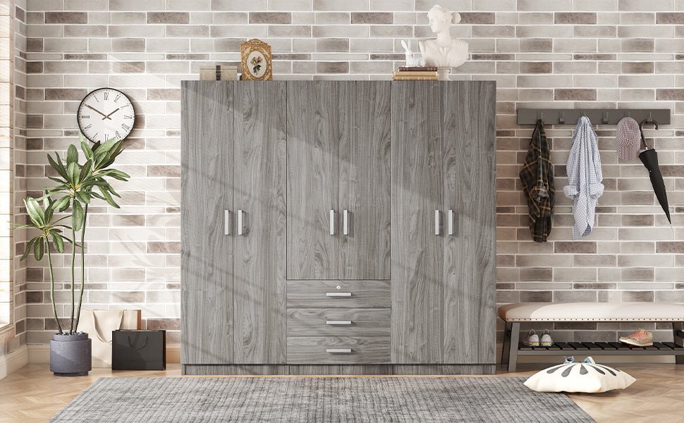 Gray 6 Door Wardrobe Armoire with Locking Drawer - 1st Choice Furniture Direct