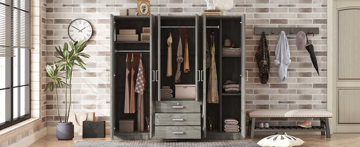 Gray 6 Door Wardrobe Armoire with Locking Drawer - 1st Choice Furniture Direct