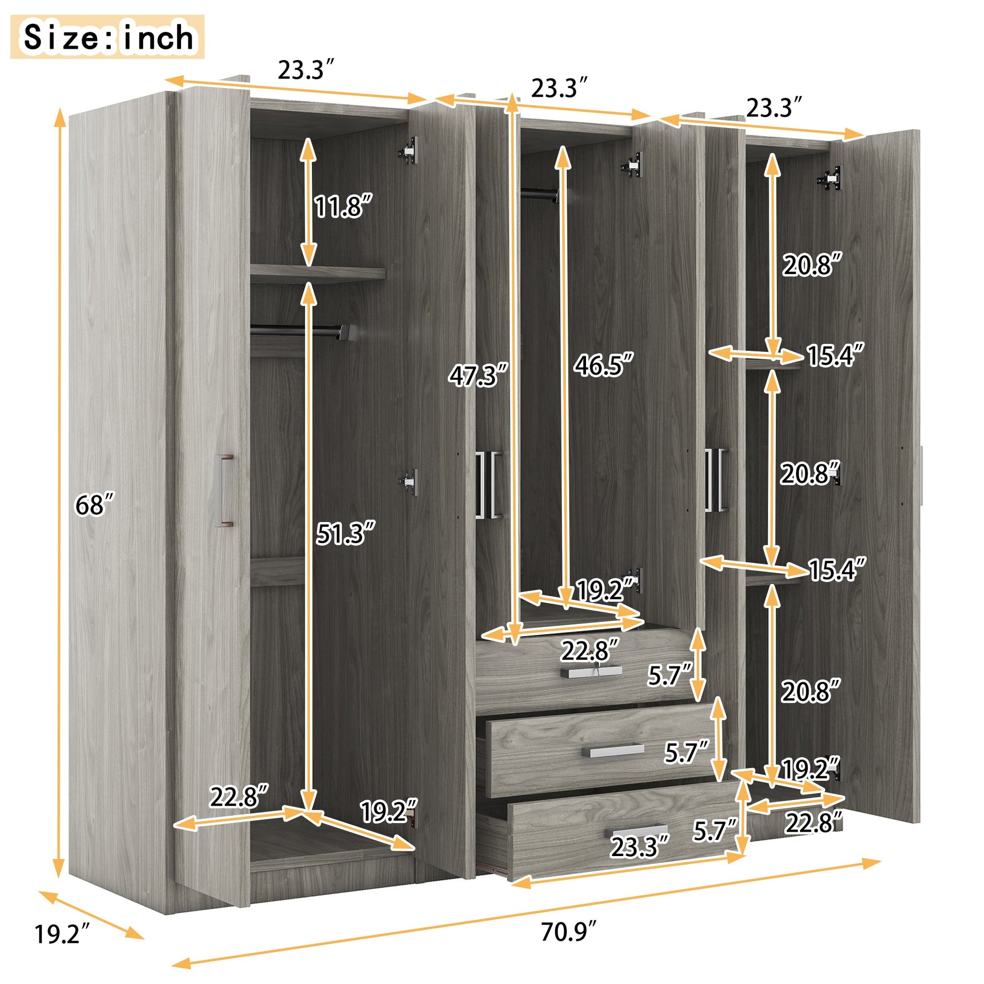 Gray 6 Door Wardrobe Armoire with Locking Drawer - 1st Choice Furniture Direct