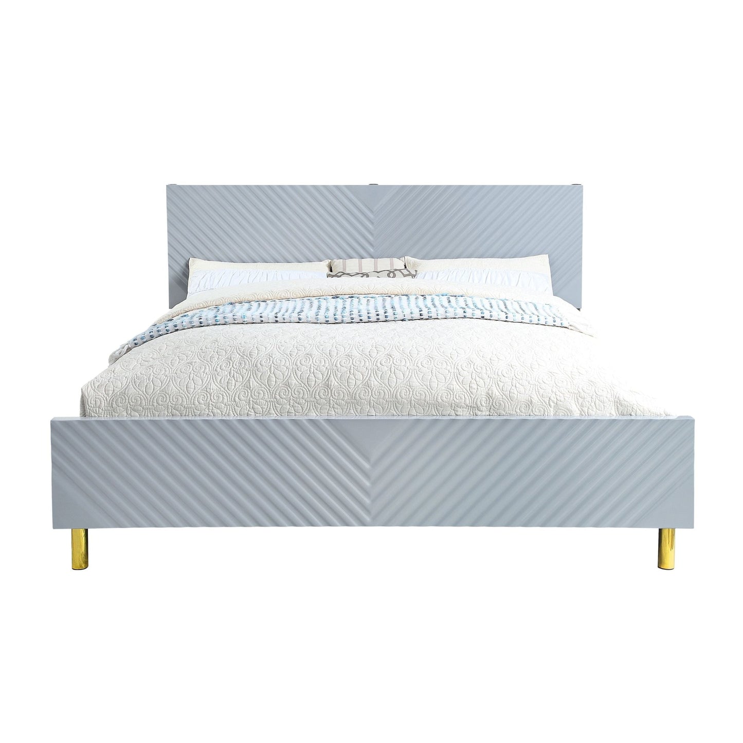 Gray High Gloss Platform Bed with Wave Pattern Headboard - 1st Choice Furniture Direct