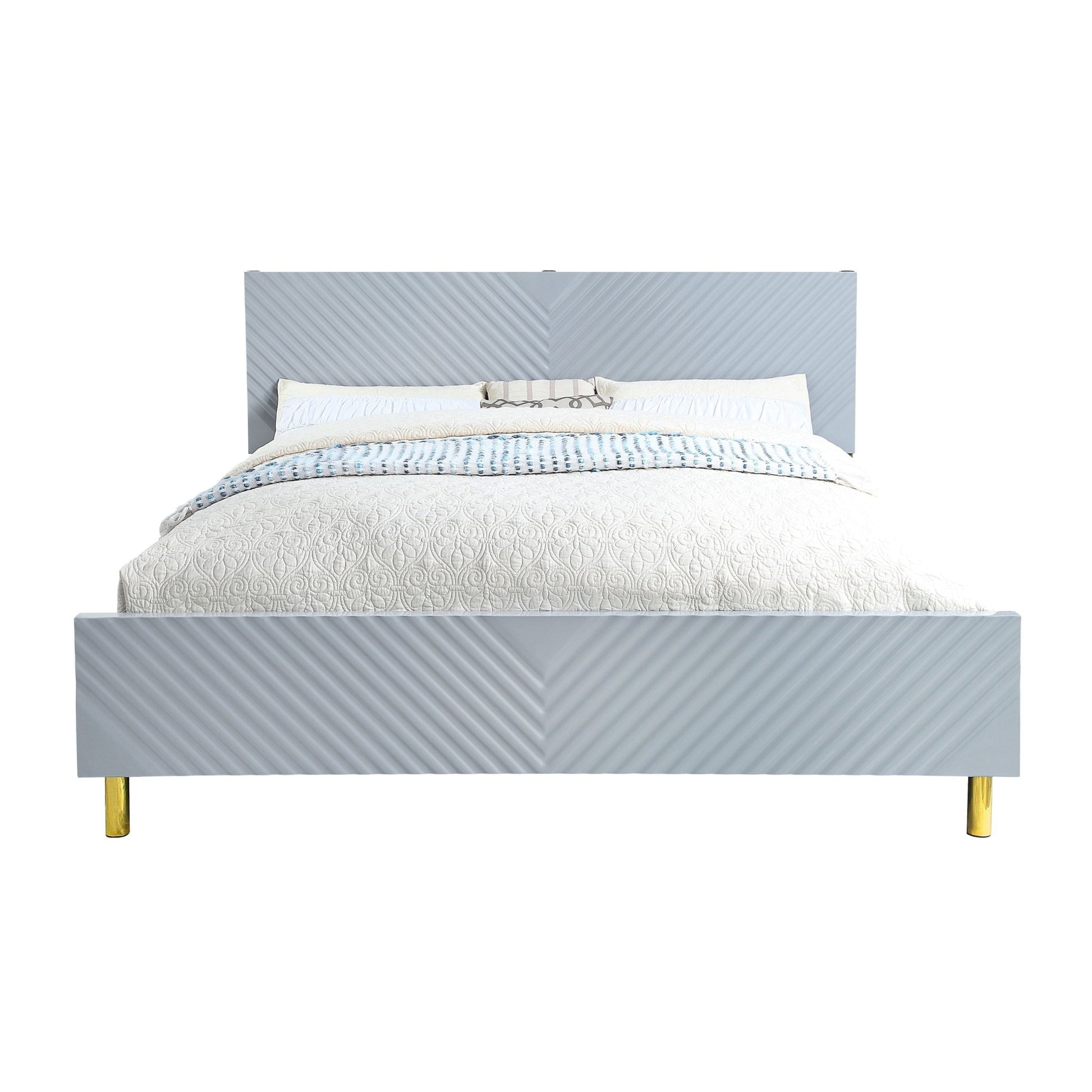 Gray High Gloss Platform Bed with Wave Pattern Headboard - 1st Choice Furniture Direct