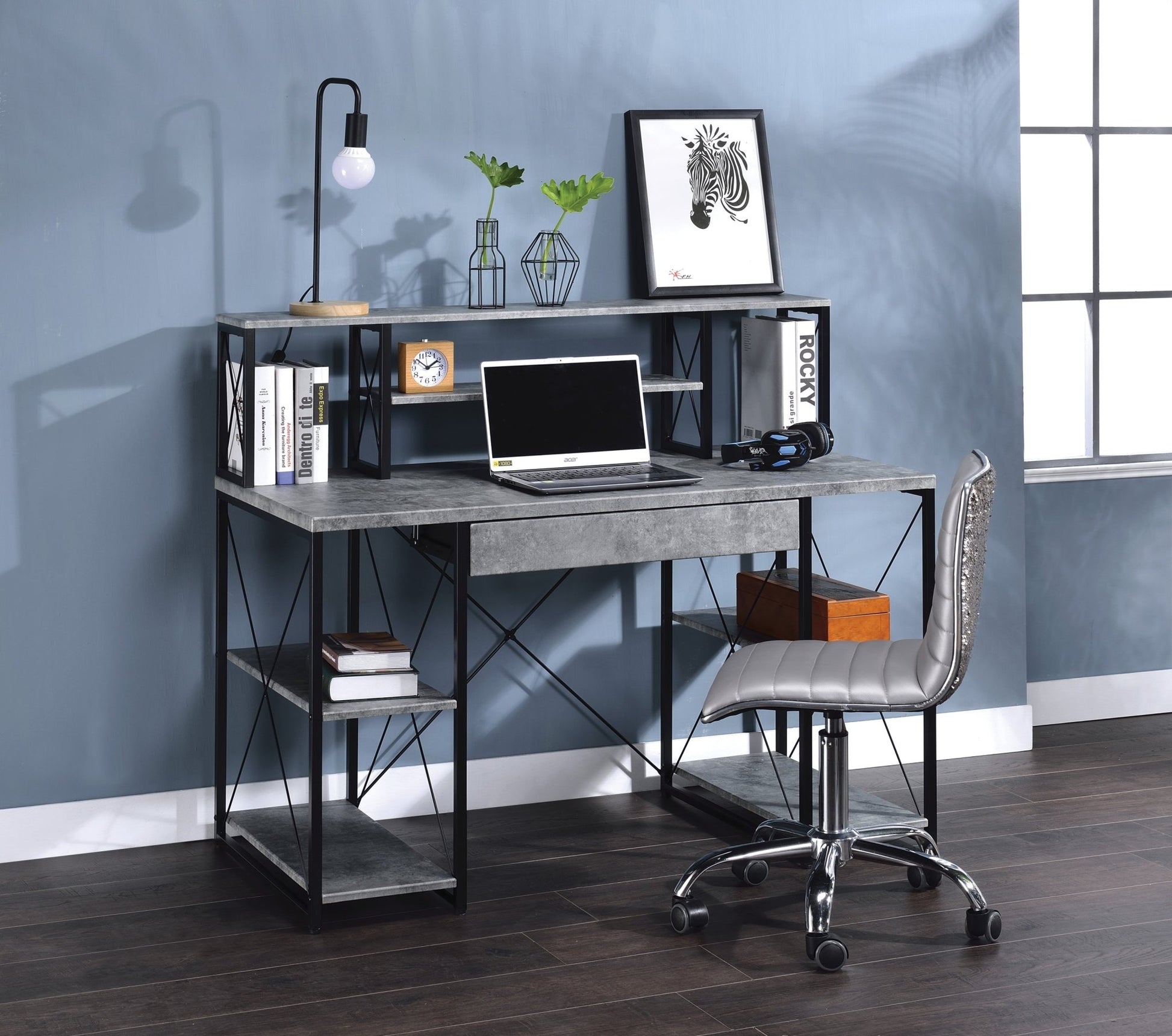 Gray Music Studio Desk with Storage Shelves - 1st Choice Furniture Direct