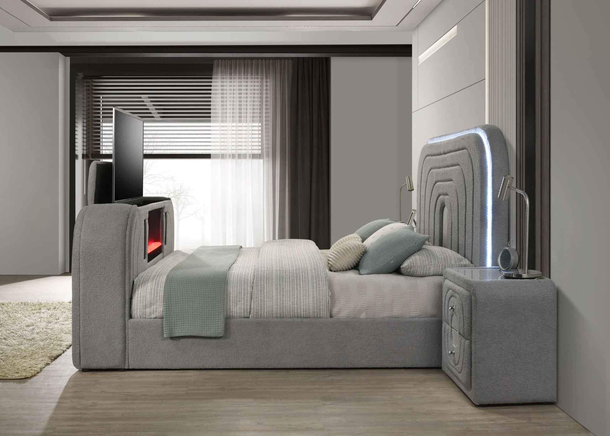 Gray Teddy Sherpa Queen TV Bed with Fireplace, LED Lights & Bluetooth Speaker - 1st Choice Furniture Direct