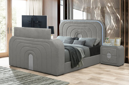 Gray Teddy Sherpa Queen TV Bed with Fireplace, LED Lights & Bluetooth Speaker - 1st Choice Furniture Direct