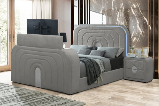 Gray Teddy Sherpa Queen TV Bed with Fireplace, LED Lights & Bluetooth Speaker - 1st Choice Furniture Direct