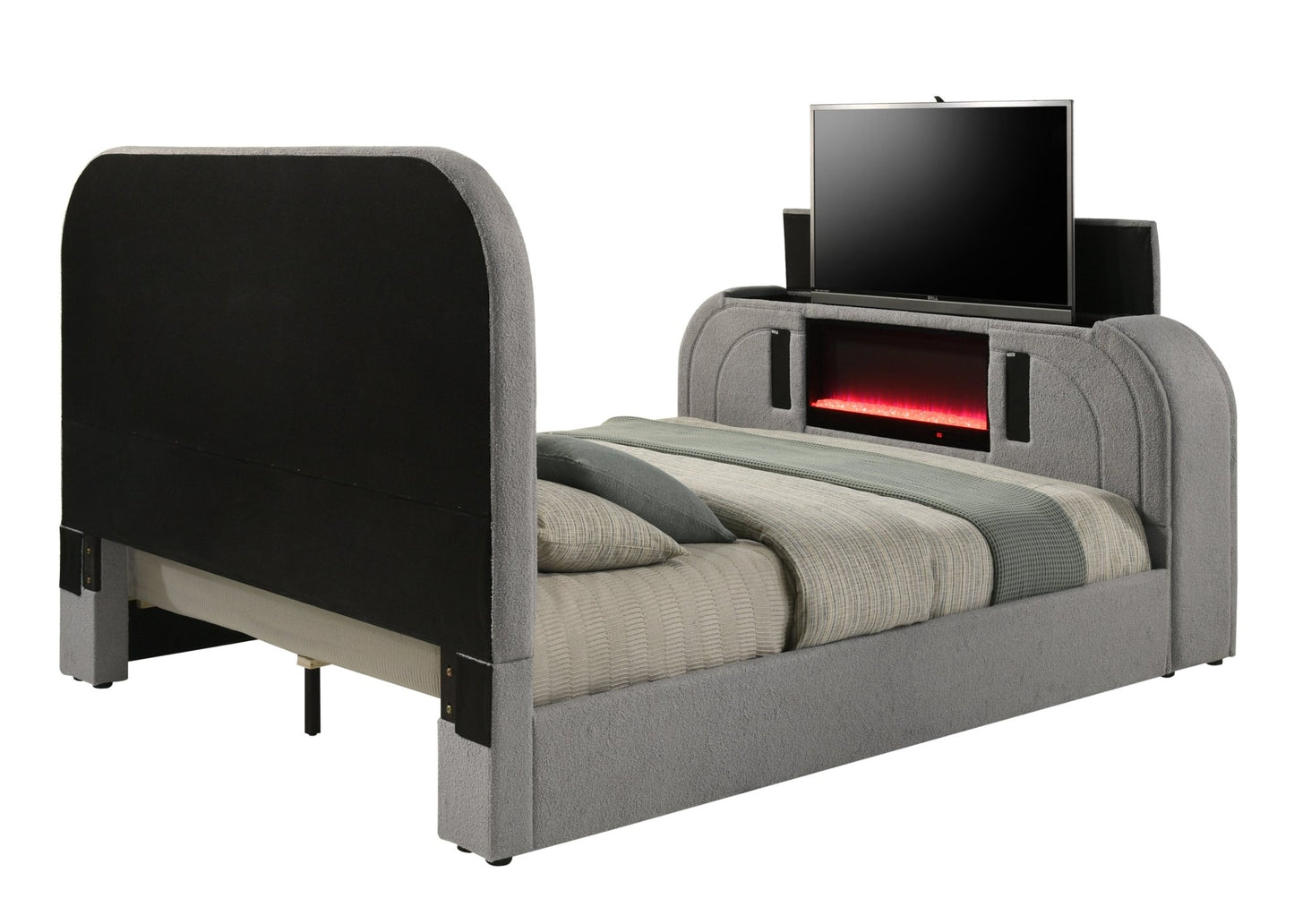 Gray Teddy Sherpa Queen TV Bed with Fireplace, LED Lights & Bluetooth Speaker - 1st Choice Furniture Direct