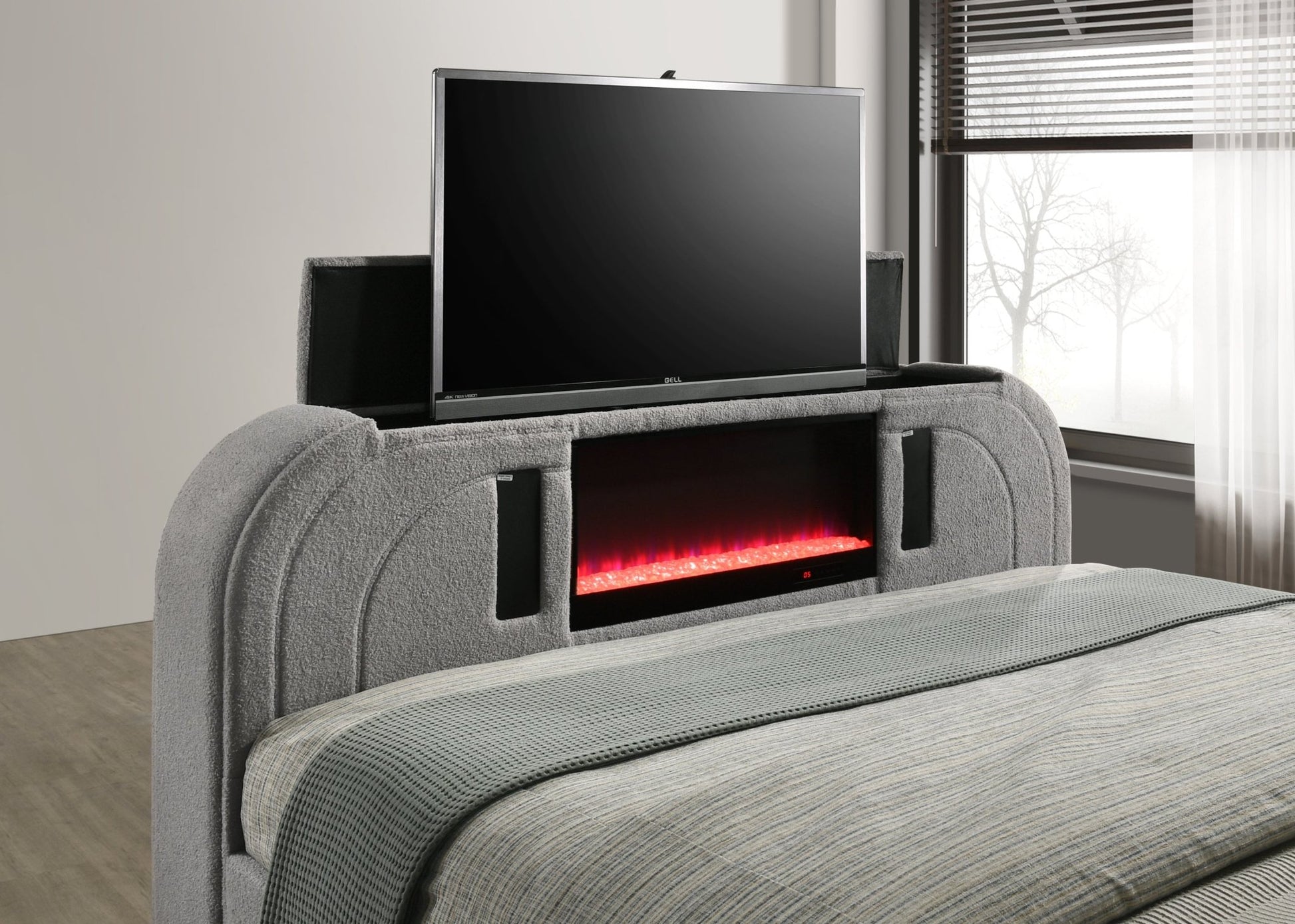 Gray Teddy Sherpa Queen TV Bed with Fireplace, LED Lights & Bluetooth Speaker - 1st Choice Furniture Direct