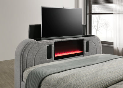 Gray Teddy Sherpa Queen TV Bed with Fireplace, LED Lights & Bluetooth Speaker - 1st Choice Furniture Direct