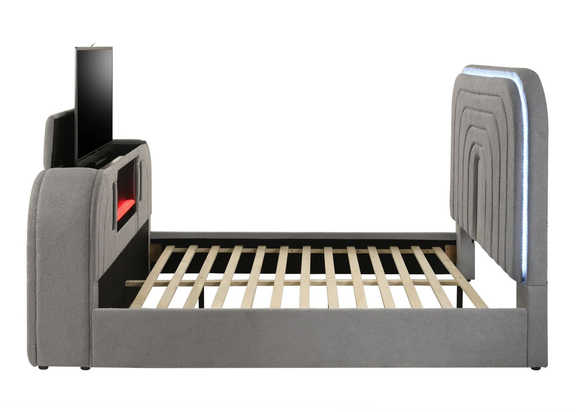 Gray Teddy Sherpa Queen TV Bed with Fireplace, LED Lights & Bluetooth Speaker - 1st Choice Furniture Direct