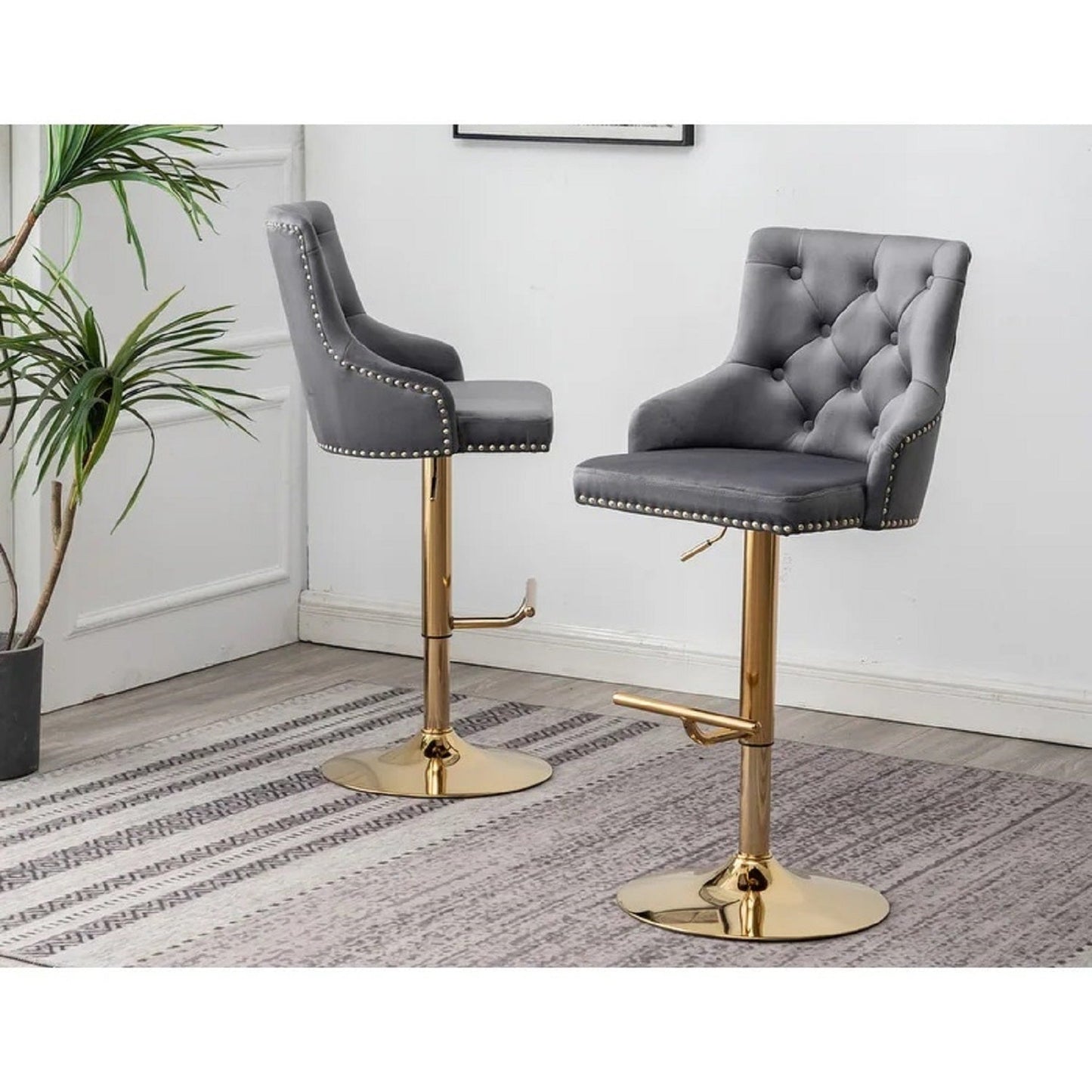 Gray Velvet Swivel Bar Stools Set of 2 – Adjustable Height Glam Dining Chairs - 1st Choice Furniture Direct