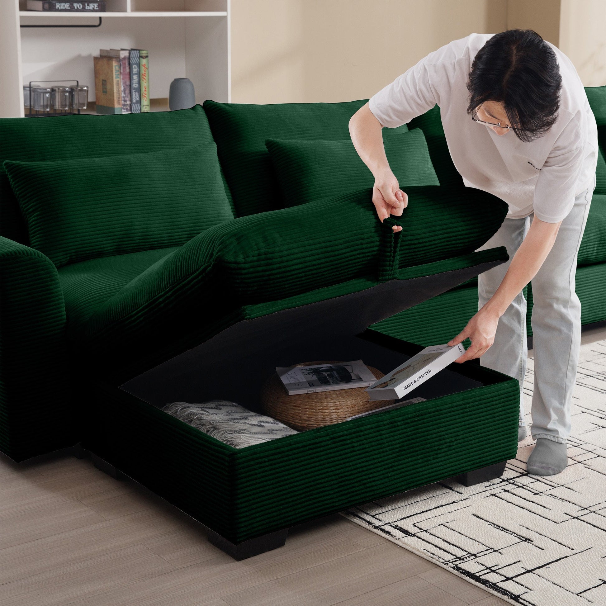 Green Corduroy Modular Armless Chair with Lumbar Pillow - 1st Choice Furniture Direct