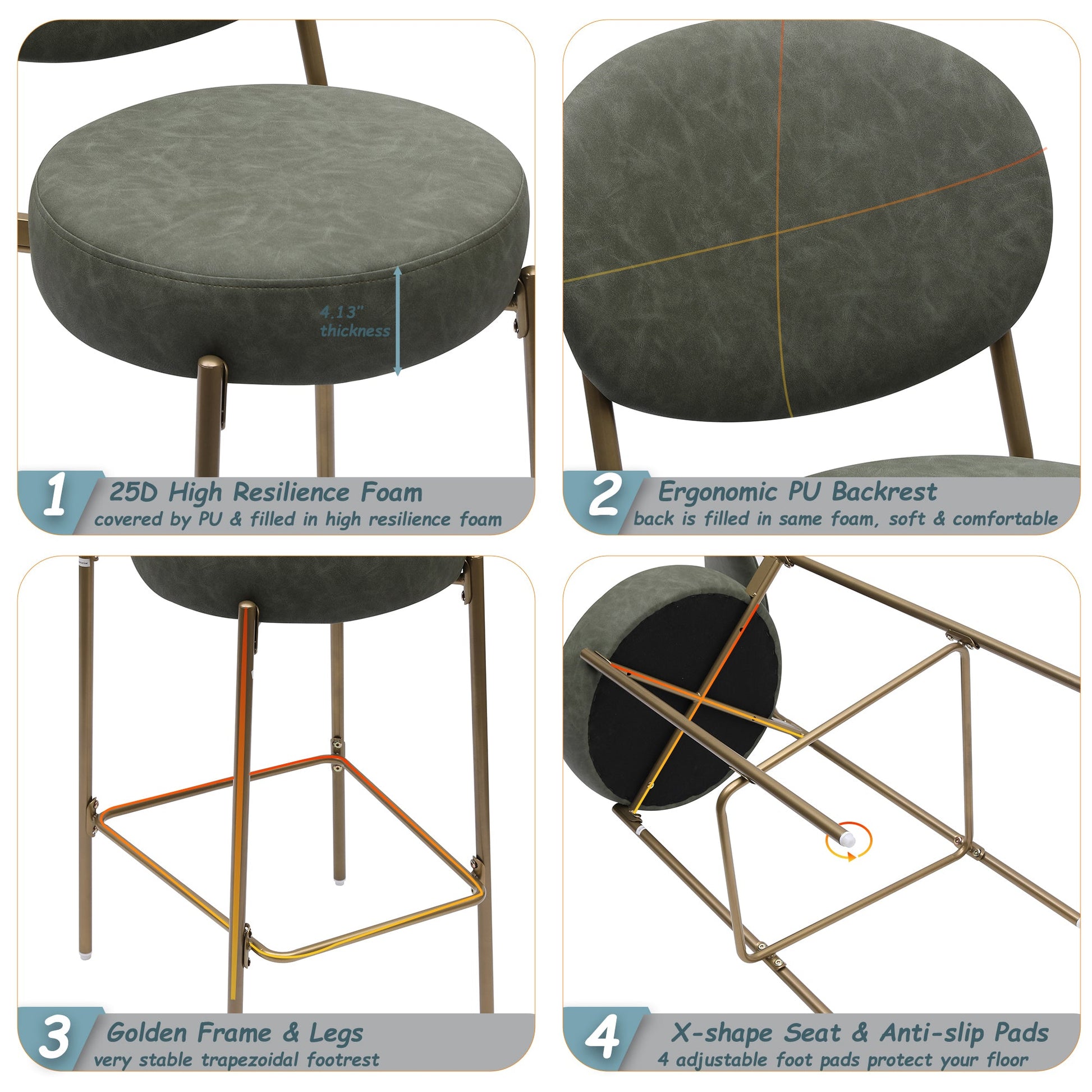 Green Faux Leather Bar Stools Set of 2 with Gold Legs | Modern Upholstered Counter Chairs (29") - 1st Choice Furniture Direct