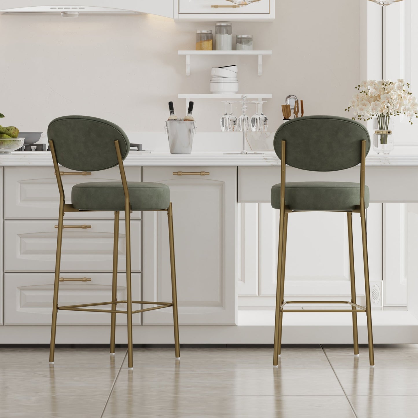 Green Faux Leather Bar Stools Set of 2 with Gold Legs | Modern Upholstered Counter Chairs (29") - 1st Choice Furniture Direct