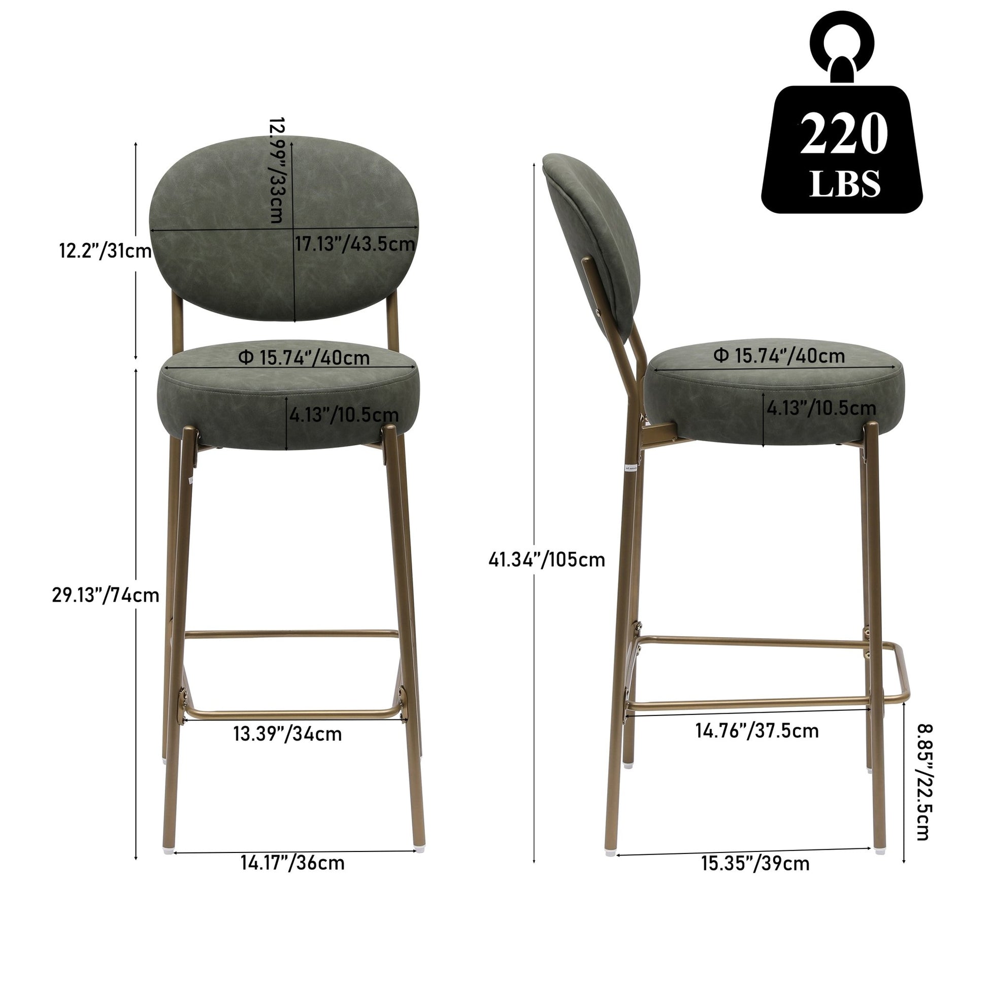 Green Faux Leather Bar Stools Set of 2 with Gold Legs | Modern Upholstered Counter Chairs (29") - 1st Choice Furniture Direct