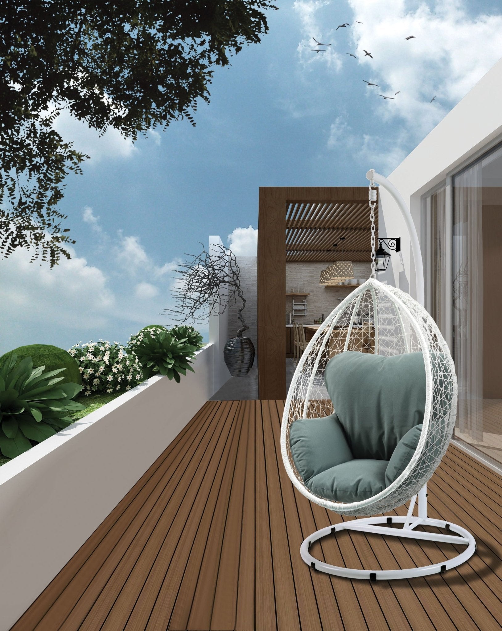 Green Wicker Hanging Egg Chair with Stand - 1st Choice Furniture Direct