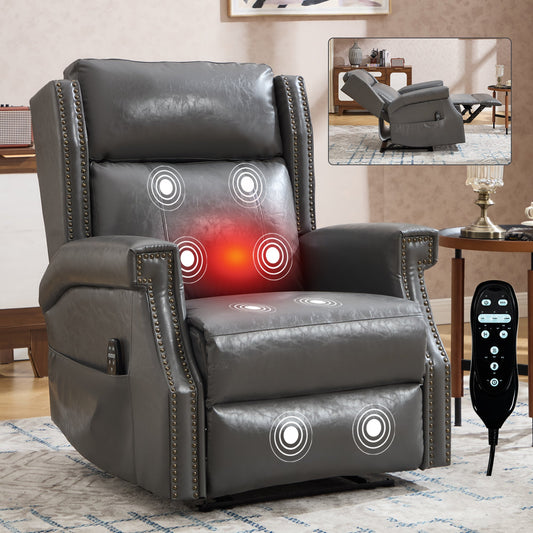 Grey Manual Recliner Chair in Faux Leather for Living Room with Heavy Duty Motion Mechanism, 8 vibrating nodes and 3 massage modes. - 1st Choice Furniture Direct