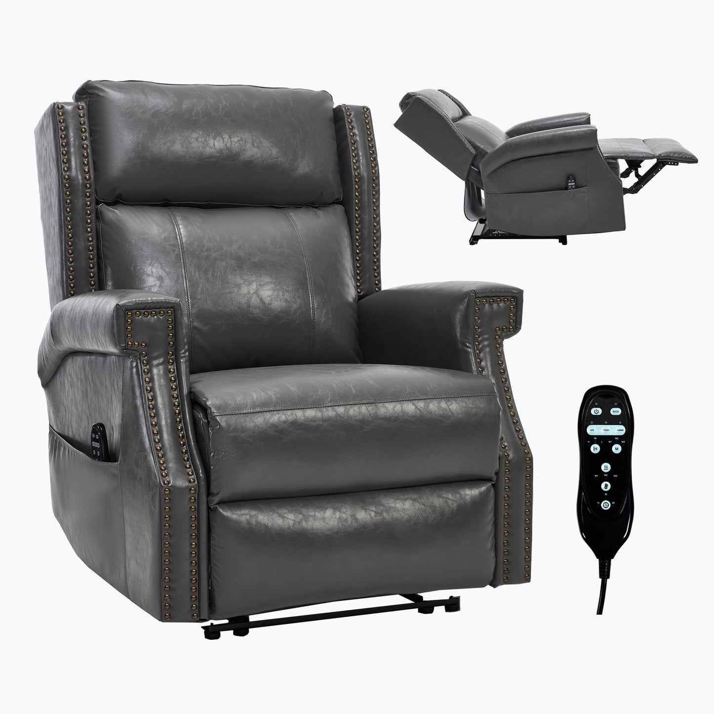 Grey Manual Recliner Chair in Faux Leather for Living Room with Heavy Duty Motion Mechanism, 8 vibrating nodes and 3 massage modes. - 1st Choice Furniture Direct