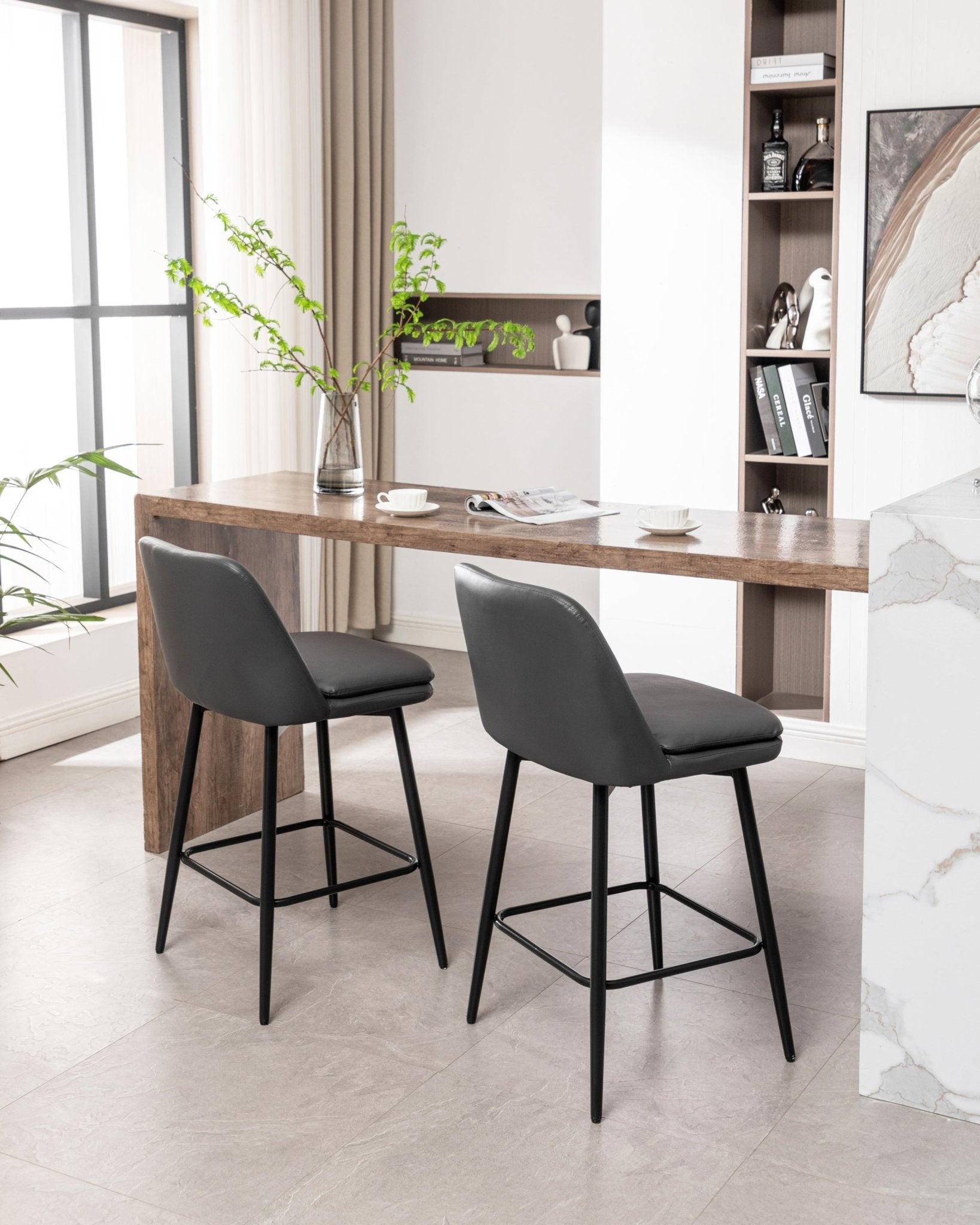 Grey Swivel Counter Height Bar Stools Set of 2 | Upholstered Faux Leather Chairs (26”) - 1st Choice Furniture Direct