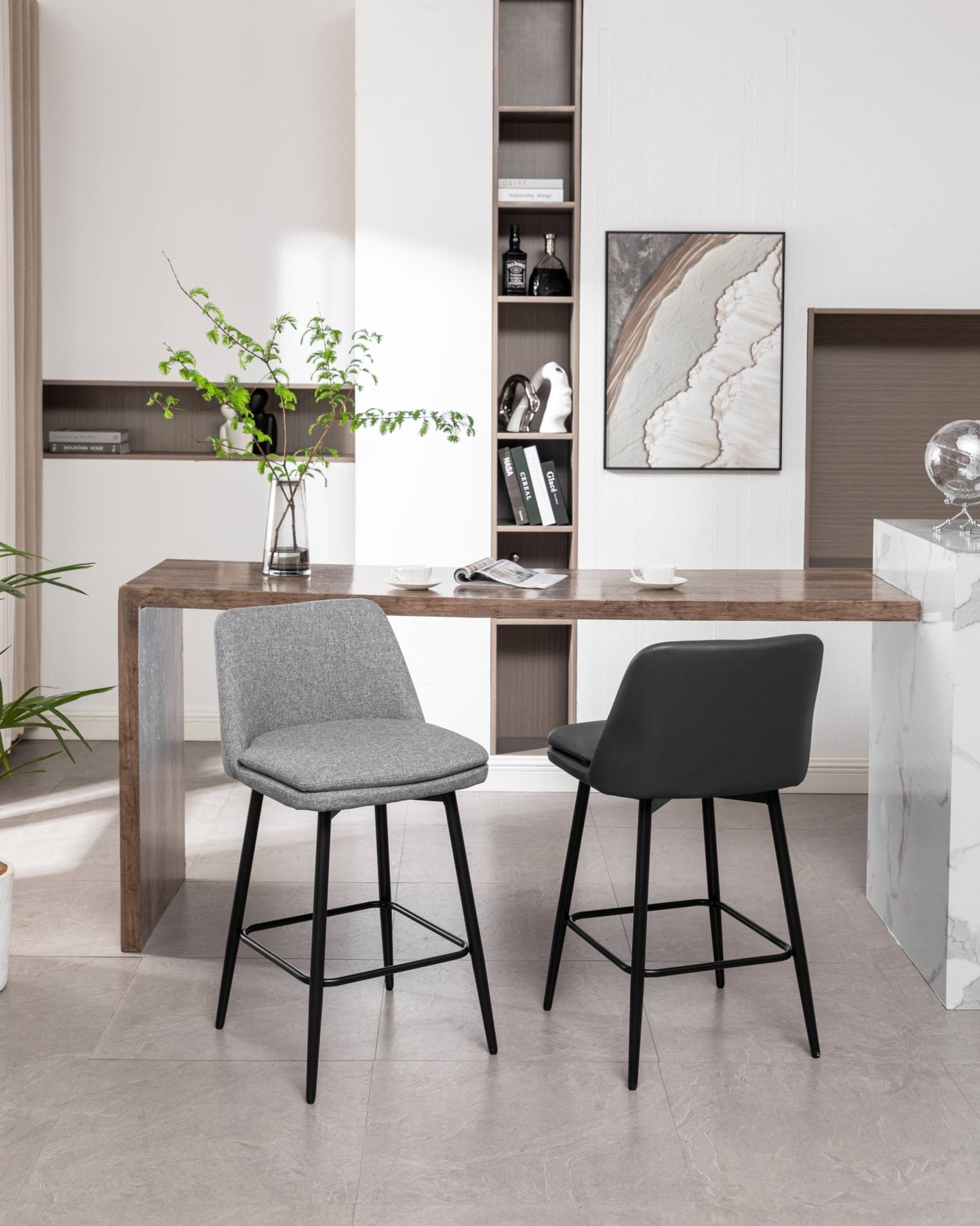 Grey Swivel Counter Height Bar Stools Set of 2 | Upholstered Faux Leather Chairs (26”) - 1st Choice Furniture Direct