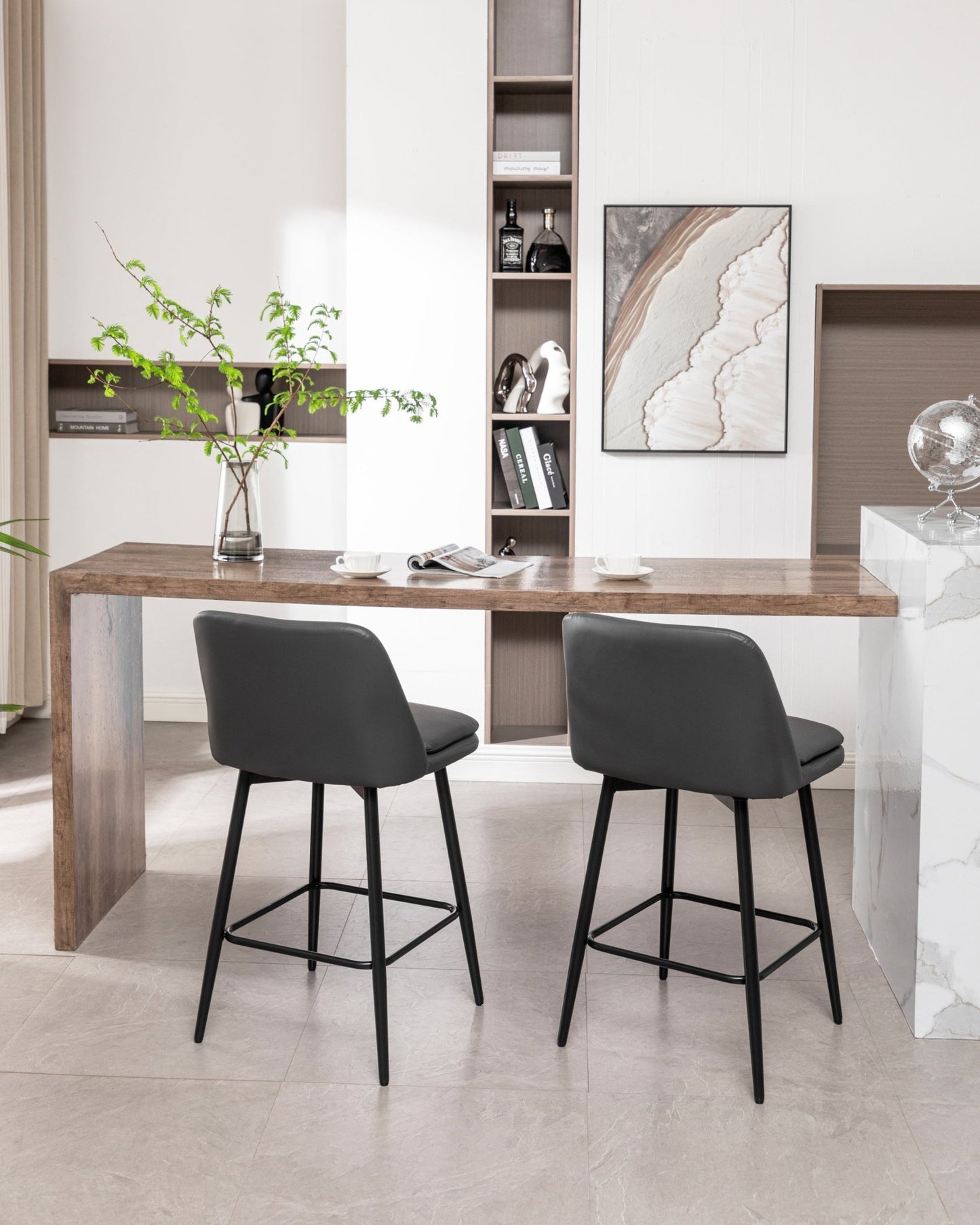 Grey Swivel Counter Height Bar Stools Set of 2 | Upholstered Faux Leather Chairs (26”) - 1st Choice Furniture Direct