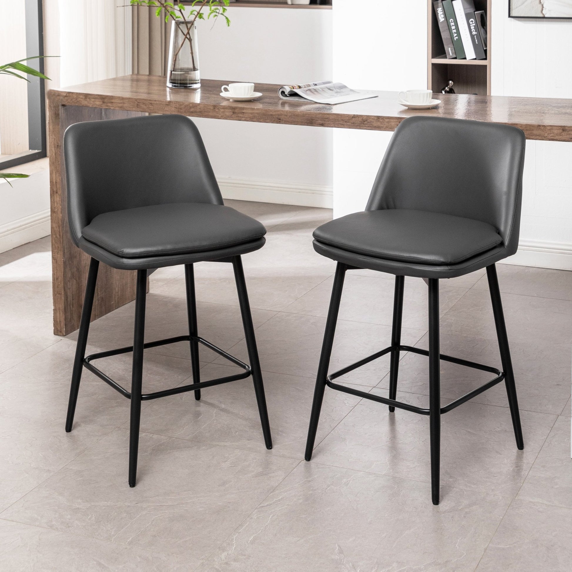 Grey Swivel Counter Height Bar Stools Set of 2 | Upholstered Faux Leather Chairs (26”) - 1st Choice Furniture Direct