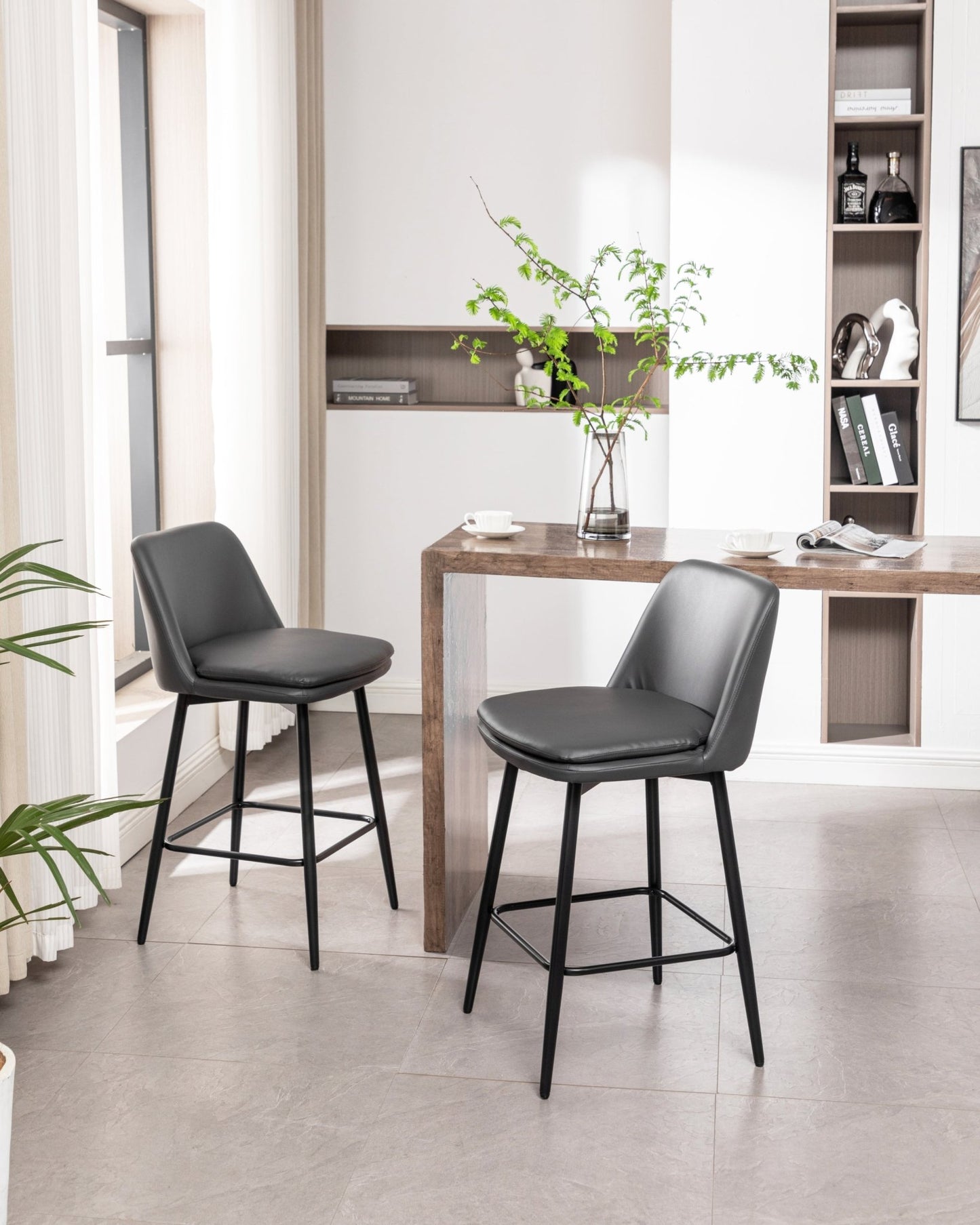 Grey Swivel Counter Height Bar Stools Set of 2 | Upholstered Faux Leather Chairs (26”) - 1st Choice Furniture Direct