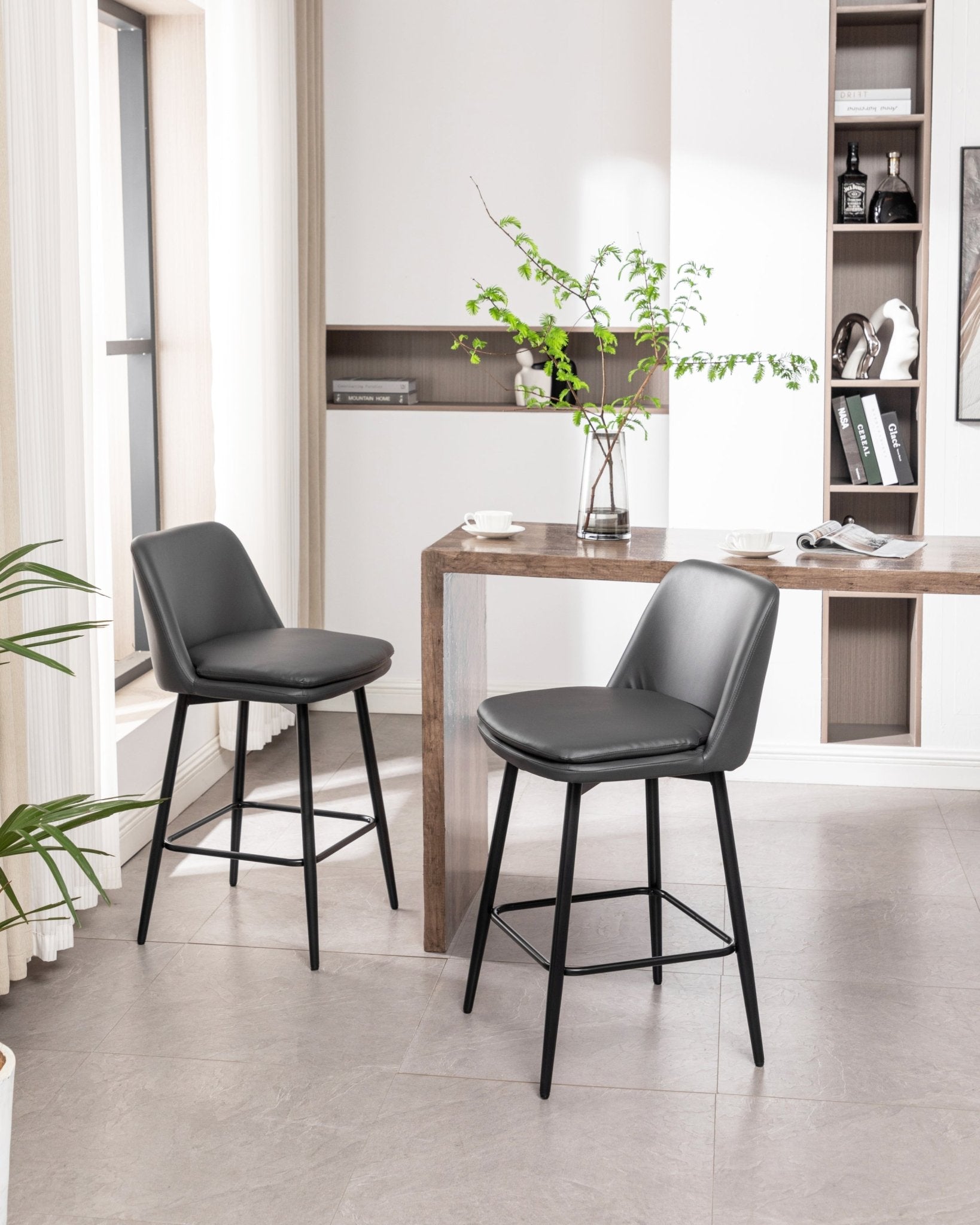 Grey Swivel Counter Height Bar Stools Set of 2 | Upholstered Faux Leather Chairs (26”) - 1st Choice Furniture Direct