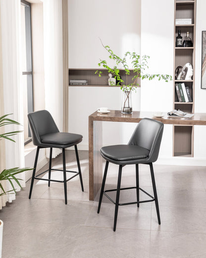Grey Swivel Counter Height Bar Stools Set of 2 | Upholstered Faux Leather Chairs (26”) - 1st Choice Furniture Direct