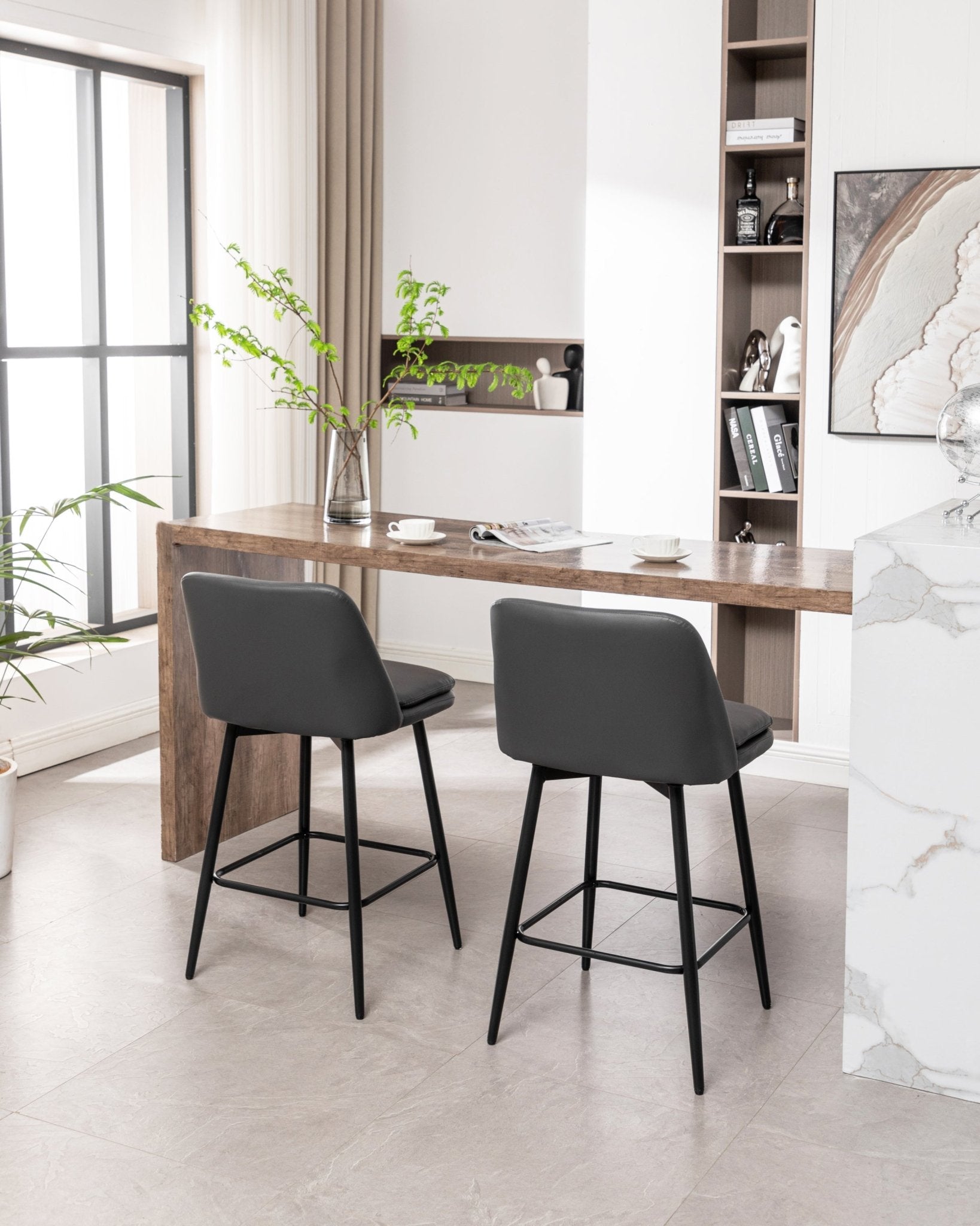 Grey Swivel Counter Height Bar Stools Set of 2 | Upholstered Faux Leather Chairs (26”) - 1st Choice Furniture Direct