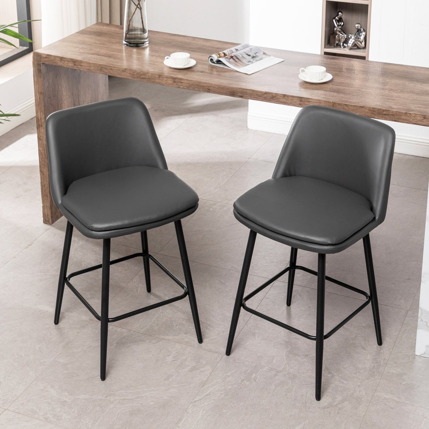 Grey Swivel Counter Height Bar Stools Set of 2 | Upholstered Faux Leather Chairs (26”) - 1st Choice Furniture Direct