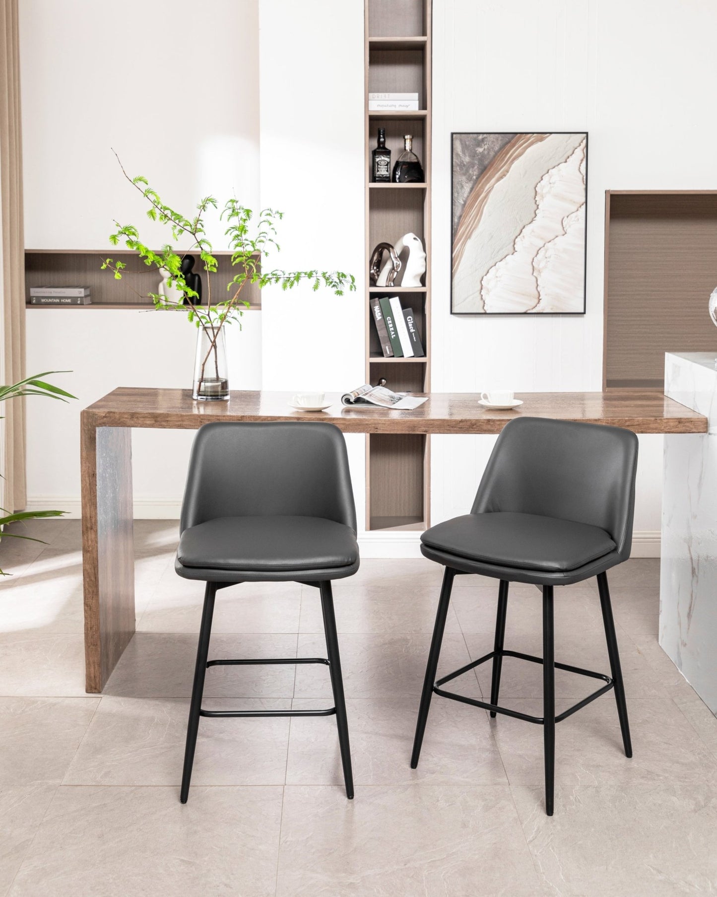 Grey Swivel Counter Height Bar Stools Set of 2 | Upholstered Faux Leather Chairs (26”) - 1st Choice Furniture Direct