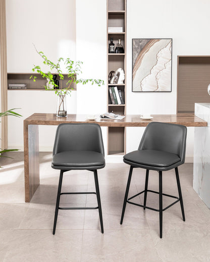 Grey Swivel Counter Height Bar Stools Set of 2 | Upholstered Faux Leather Chairs (26”) - 1st Choice Furniture Direct