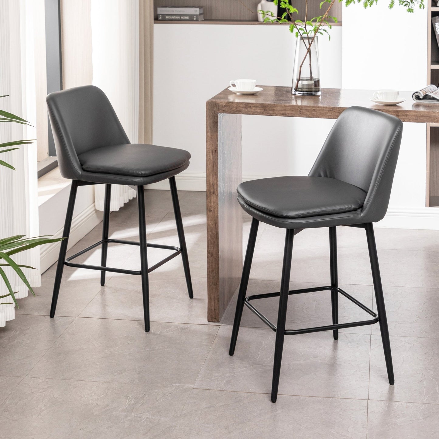 Grey Swivel Counter Height Bar Stools Set of 2 | Upholstered Faux Leather Chairs (26”) - 1st Choice Furniture Direct