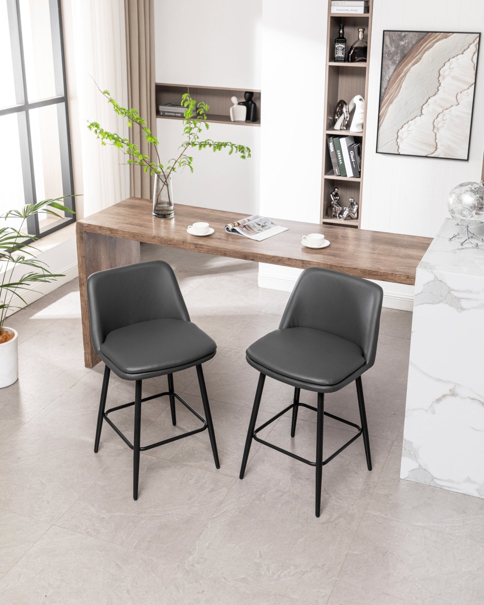Grey Swivel Counter Height Bar Stools Set of 2 | Upholstered Faux Leather Chairs (26”) - 1st Choice Furniture Direct