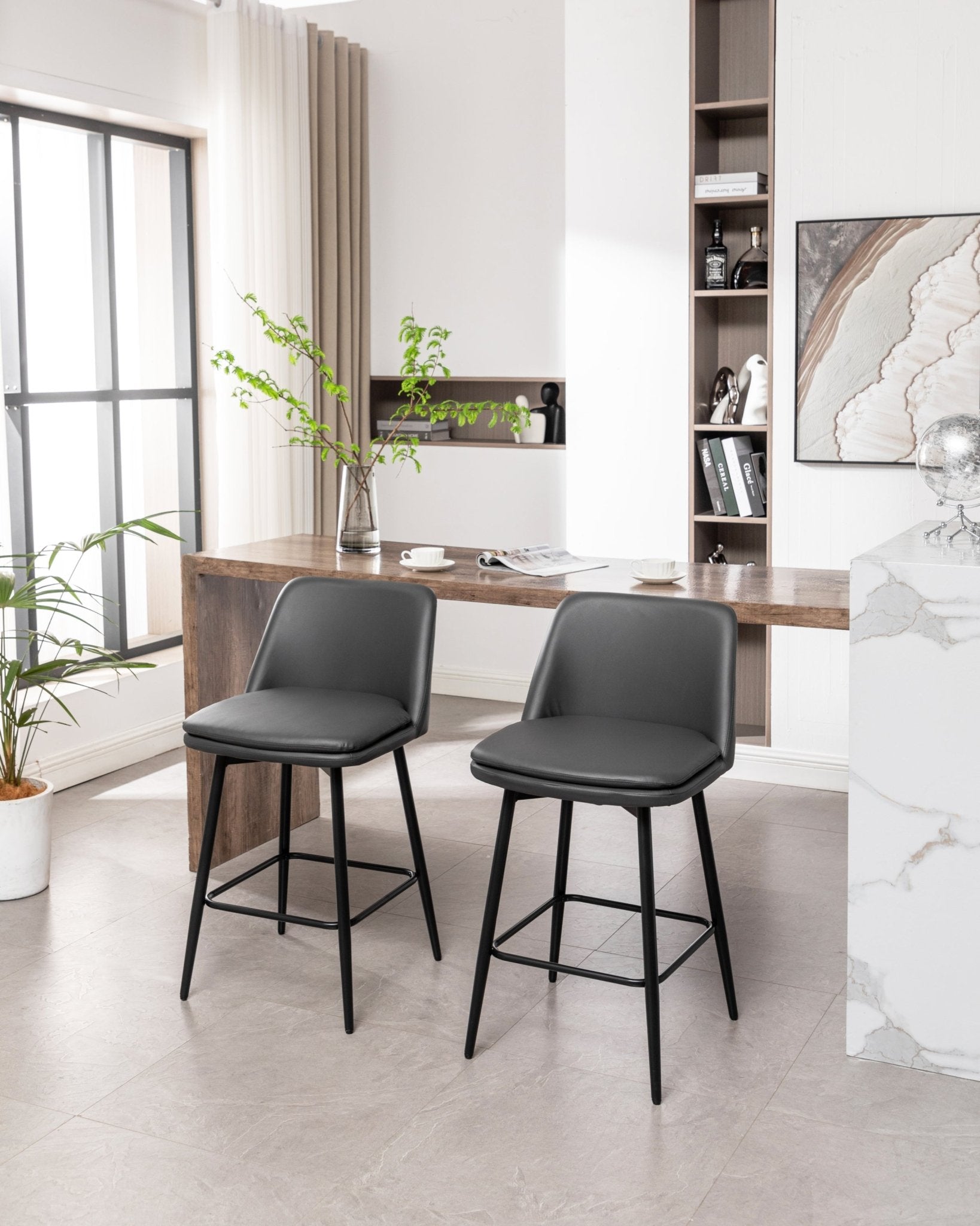 Grey Swivel Counter Height Bar Stools Set of 2 | Upholstered Faux Leather Chairs (26”) - 1st Choice Furniture Direct