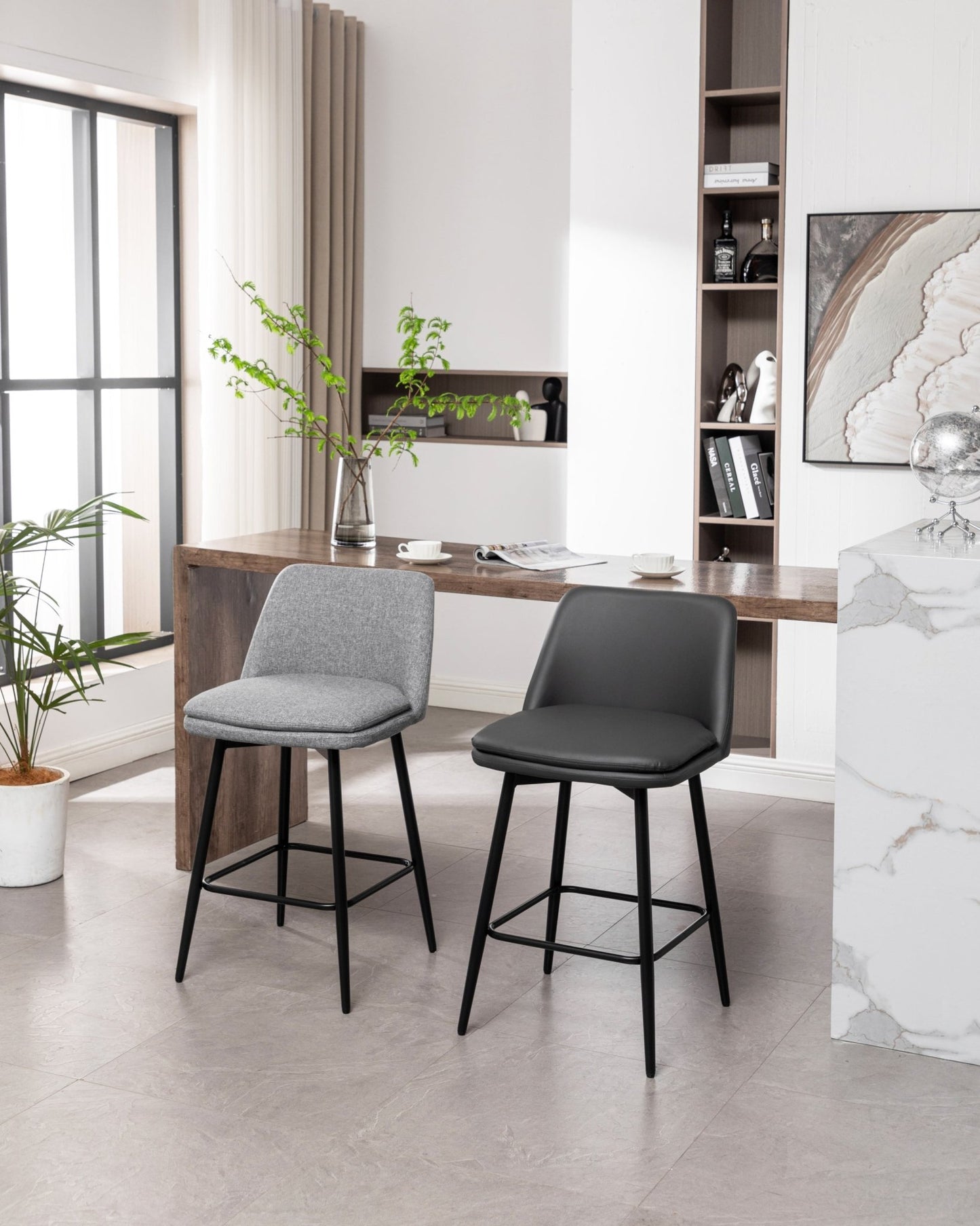 Grey Swivel Counter Height Bar Stools Set of 2 | Upholstered Faux Leather Chairs (26”) - 1st Choice Furniture Direct