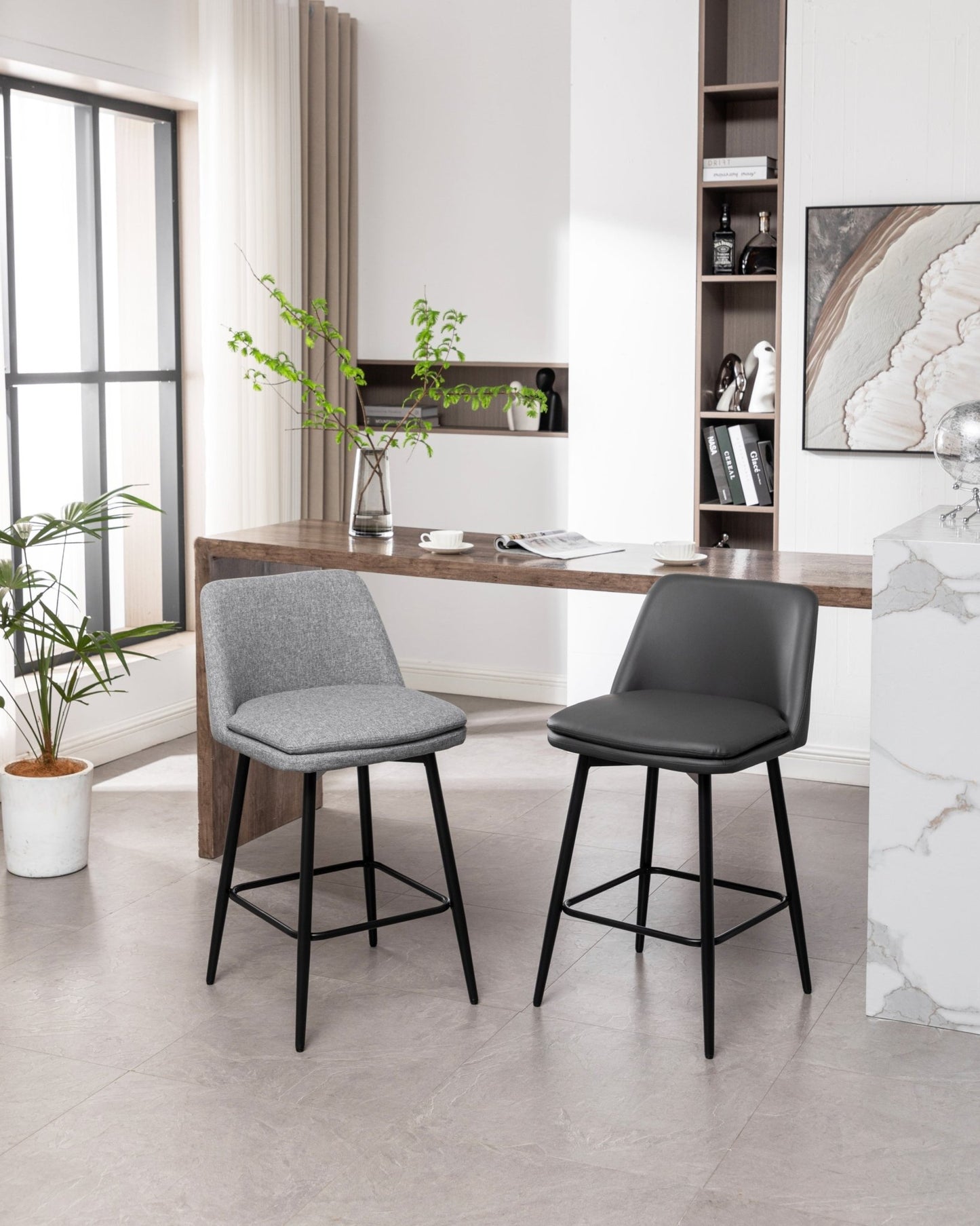 Grey Swivel Counter Height Bar Stools Set of 2 | Upholstered Faux Leather Chairs (26”) - 1st Choice Furniture Direct