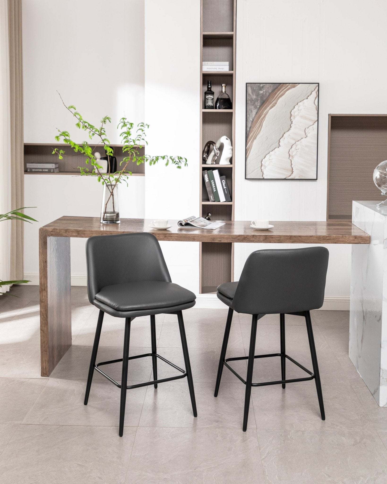 Grey Swivel Counter Height Bar Stools Set of 2 | Upholstered Faux Leather Chairs (26”) - 1st Choice Furniture Direct