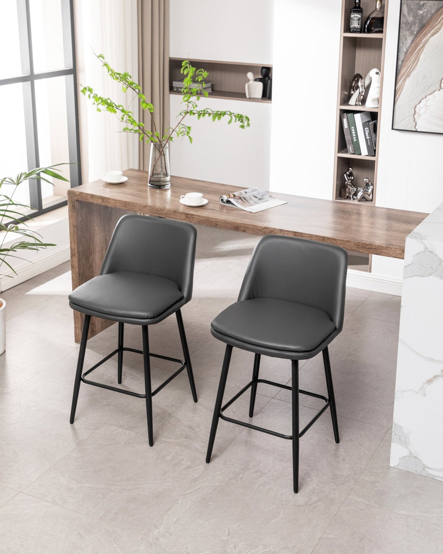 Grey Swivel Counter Height Bar Stools Set of 2 | Upholstered Faux Leather Chairs (26”) - 1st Choice Furniture Direct