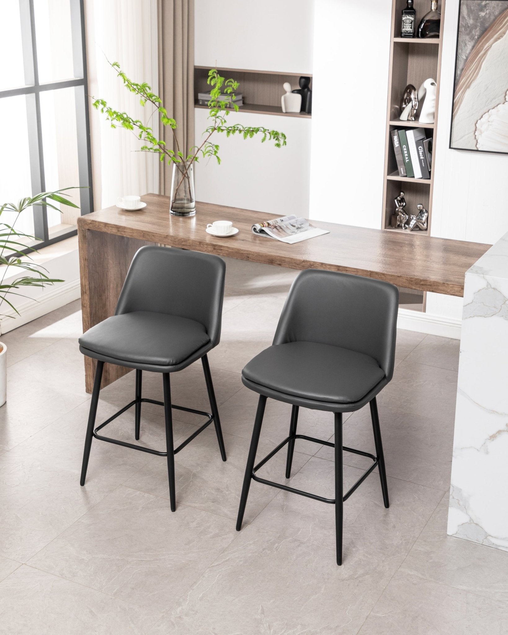 Grey Swivel Counter Height Bar Stools Set of 2 | Upholstered Faux Leather Chairs (26”) - 1st Choice Furniture Direct