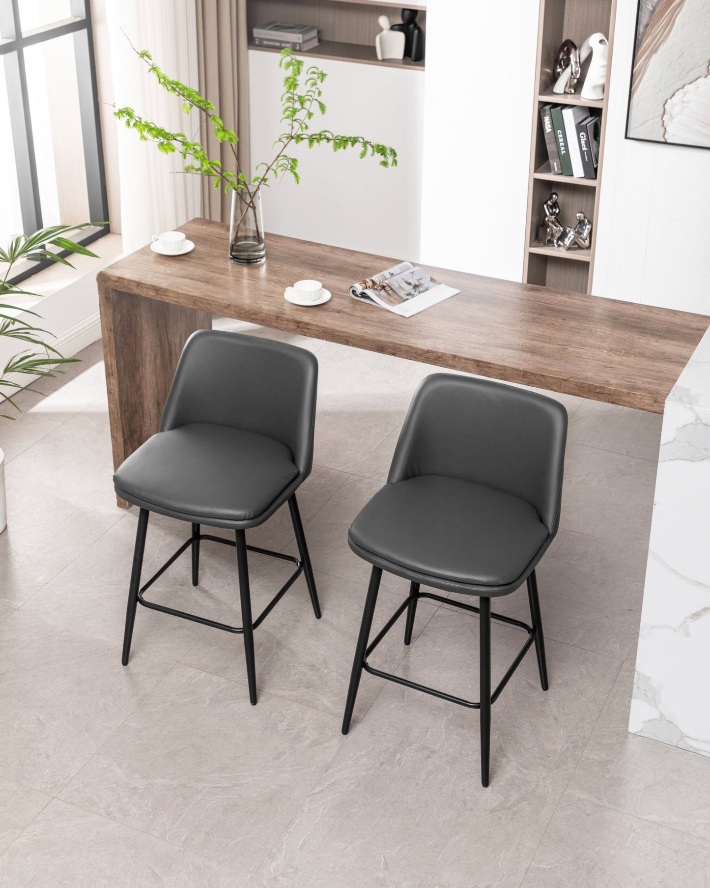 Grey Swivel Counter Height Bar Stools Set of 2 | Upholstered Faux Leather Chairs (26”) - 1st Choice Furniture Direct
